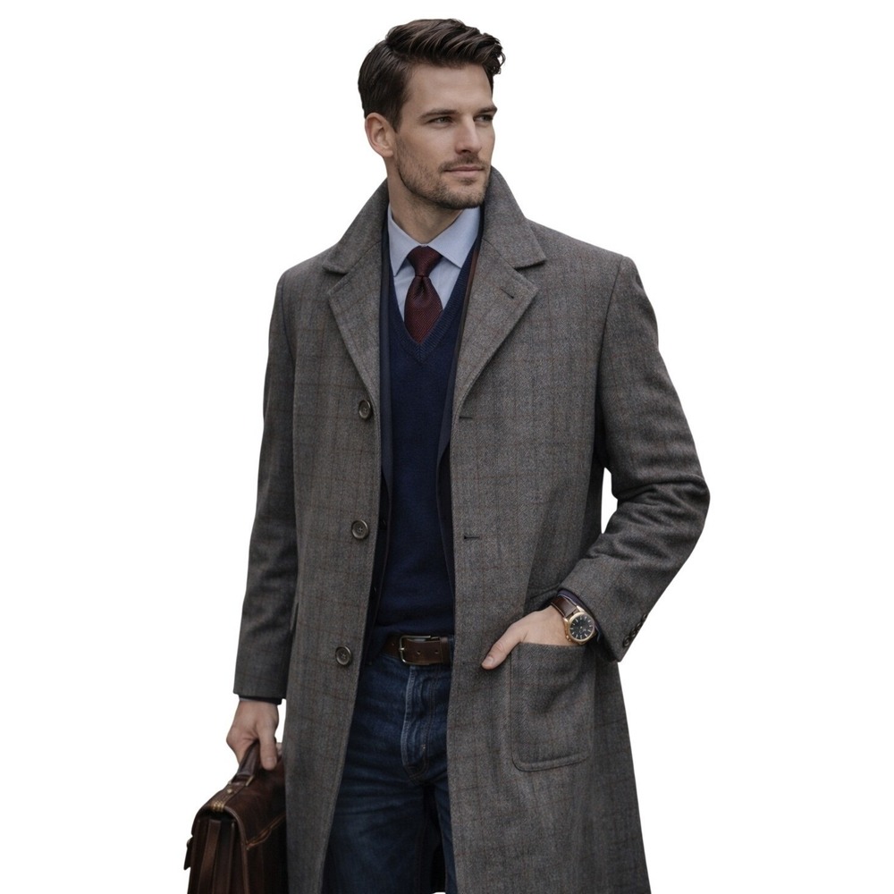 VTG Cox's Cross land Clothcraft Joseph & Feiss Gray Wool Long‎ Overcoat Mens